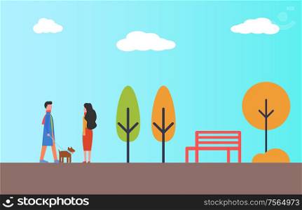 Man waking in park with pet dog. Woman looking at them wishing to get acquainted. Male and female in autumn season spend time outdoors, vector characters. Man Waking in Park with Pet Dog. Woman Autumn