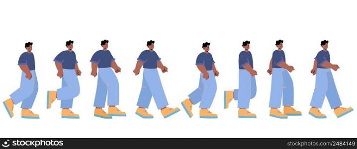 Man walk animation, sequence frame for game. Cycle stages of african teenager walking, going motion sprite sheet. Passerby, pedestrian movement sprite sheet, Cartoon flat vector line art illustration. Man walk animation, sequence frame for game sheet