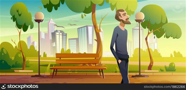 Man walk in city park enjoy nature, relaxed male character breath fresh air during unhurried promenade at summer urban garden with bench, city lamps and cityscape view Cartoon vector illustration. Man walk in city park enjoy nature, promenade