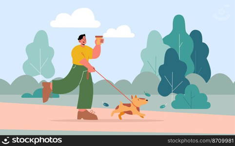 Man walk with dog on leash in park. Vector flat illustration of happy character pet owner on stroll with puppy. Summer landscape with green trees, grass, road and person with coffee and dog. Man walk with dog on leash in park