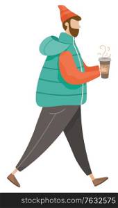 Man walking alone and drinking coffee vector. Hipster with cappuccino, latte or espresso in hands illustration. Guy holding cup with hot drink. Person in warm clothes like hat and jacket, flat style. Man Walking Alone, Hipster with Hot Drink, Coffee