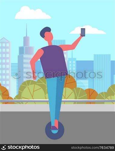 Man walking alone in urban park in summer. Guy riding hoverboard or gyroscooter on asphalted street. Beautiful cityscape, landscape and view of city on background. Vector illustration in flat style. Man Riding Hoverboard or Gyroscooter in City Park