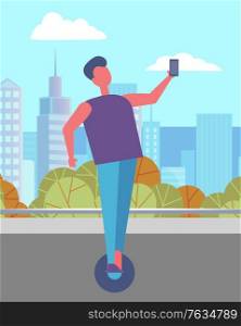 Man walking alone in urban park in summer. Guy riding hoverboard or gyroscooter on asphalted street. Beautiful cityscape, landscape and view of city on background. Vector illustration in flat style. Man Riding Hoverboard or Gyroscooter in City Park