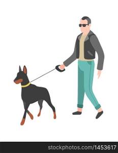 Man walking dog. Happy person walks and plays his pet, flat vector simple character. Man walking dog. Happy person walks and plays his pet, flat vector character