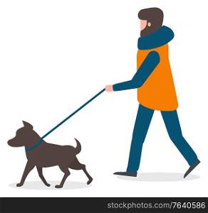 Man walking dog on leash vector, isolated character in flat style. Male wearing winter clothes thick jacket and scarf. Bearded personage takes care of canine animal at weekends. Strolling with doggy. Man Character Walking Dog on Leash, Winter Vector
