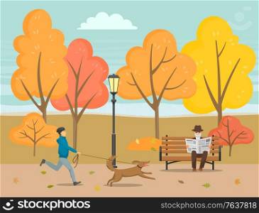 Man walking dog running with pet vector. Senior man sitting on bench and reading newspaper with latest events. Forest with trees and orange leaves. Foliage turns yellow in park flat style autumn. Senior Man Reading Newspaper in Autumn Park Vector
