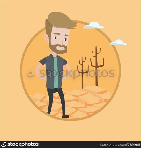 Man walking in desert. Frustrated young man standing on cracked earth in the desert. Concept of climate change and global warming. Vector flat design illustration in the circle isolated on background.. Sad man in the desert vector illustration.
