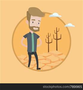Man walking in desert. Frustrated young man standing on cracked earth in the desert. Concept of climate change and global warming. Vector flat design illustration in the circle isolated on background.. Sad man in the desert vector illustration.