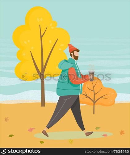 Man walking in forest or wood alone. Guy drinking coffee while strolling through vector lawn. Person in warm clothes like hat and jacket. Beautiful landscape of autumn park, fall weather illustration. Man Walking in Autumn Park, Fall Warm Weather
