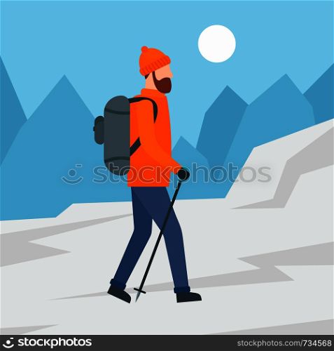 Man walking in mountain background. Flat illustration of man walking in mountain vector background for web design. Man walking in mountain background, flat style