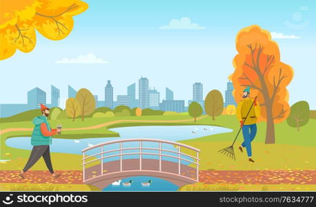 Man walking in park with cup of coffee. Janitor sweeping orange foliage on outdoor territory. Bridge under lake with swimming ducks. People in autumn lawn and beautiful cityscape on background, vector. People Walking in Autumn Park, Bridge Under Lake