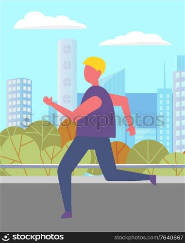 Man walking in urban park alone. Person running on street. Human spend time actively doing hobby. Beautiful landscape of city on background with many skyscrapers. Vector illustration in flat style. Man Running on Road in Urban Park, City Landscape