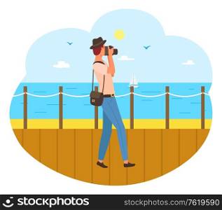 Man walking on deck at seashore, isolated tourist in hat. Vector nautical scenery, male in hat with professional camera, isolated cartoon person. Man Walking on Deck at Seashore, Isolated Tourist