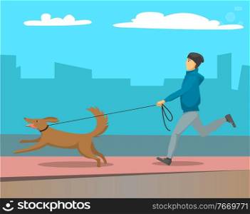 Man walking street with his pet. Person running with dog on leash outdoor. Male and friend of human together. Silhouette of buildings and skyscrapers on background. Vector illustration in flat style. Man Running with Dog on Leash Outdoor, Cityscape