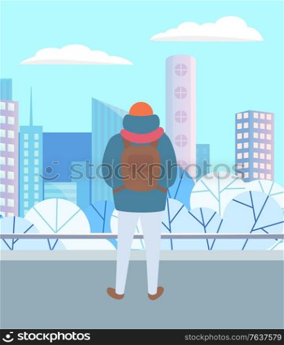 Man walking through city park in winter alone. Person in warm clothes, hat and scarf standing with backpack on his back. Beautiful snowy landscape on background. Vector illustration in flat style. Man Standing in Park, City Landscape in Winter