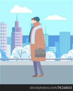 Man walking through urban winter park alone. Person in warm brown overcoat, hat and scarf going with suitcase. Beautiful snowy landscape of city on background. Vector illustration in flat style. Man Walking in City Park Alone, Urban Landscape