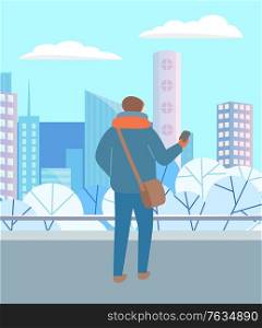 Man walking through urban winter park alone. Person in warm clothes, hat and scarf standing with telephone in hand. Beautiful snowy landscape of city on background. Vector illustration in flat style. Man Walking in Winter Park Alone, City Landscape