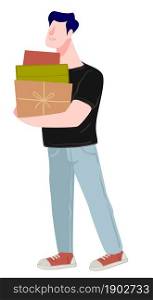 Man walking with boxes and presents bought in shop. Shopping character returning home. Guy with products from stores and malls. Customer purchasing or taking ordered goods. Vector in flat style. Male character shopping holding boxes and gift