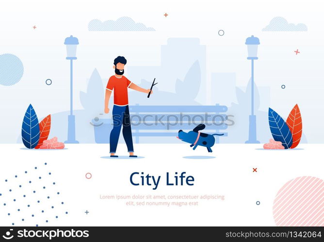 Man Walking with Dog and Throwing Stick Banner Vector Illustration. Going around Park with Pet. City Life. Free Time. Person in Urban Park. Landscape in Cartoon Style. Healthy Active Lifestyle.. Man Walking with Dog and Throwing Stick Banner.