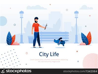 Man Walking with Dog and Throwing Stick Banner Vector Illustration. Going around Park with Pet. City Life. Free Time. Person in Urban Park. Landscape in Cartoon Style. Healthy Active Lifestyle.. Man Walking with Dog and Throwing Stick Banner.