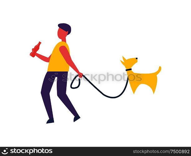 Man walking with dog in park isolated vector badge cartoon icon. Guy in casual clothes with bottle of cola, walk pet on leash, spend time outdoor. Man Walking with Dog in Park Isolated Cartoon Icon