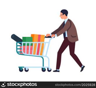 Man walking with full shopping cart. Person buy many purchases. Vector illustration. Man walking with full shopping cart. Person buy many purchases