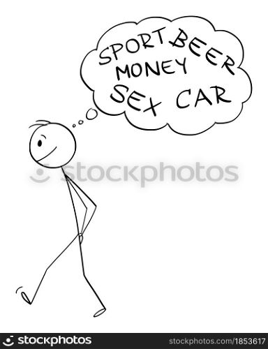 Man walking with hands in pocket and thinking about sex,money,car and sport , vector cartoon stick figure or character illustration.. Man Walking and Thinking About, Sport, Money, Sex and Car, Vector Cartoon Stick Figure Illustration