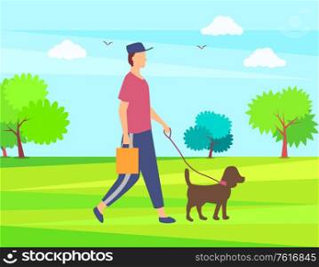 Man walking with pet in green park or forest. Vector person wearing casual clothes and cap, dog domestic animal with lead, human holding package. Man Walking with Pet, Green Park or Forest. Vector