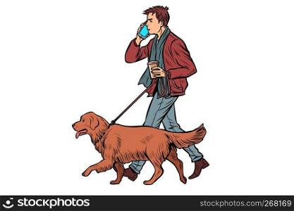 man walks with a dog, golden retriever. Pop art retro vector illustration kitsch vintage. man walks with a dog, golden retriever