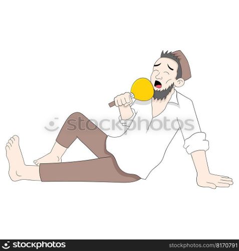 man was sitting on the floor fanning fans because of the hot temperature. vector design illustration art