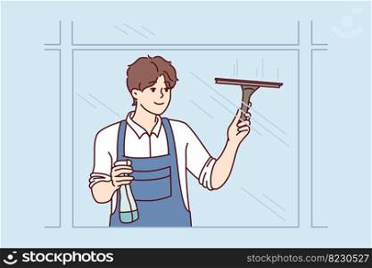 Man washes windows using brush and spray bottle with detergent, outside view of building. Guy employee of cleaning company in work uniform cleans up business center. Flat vector illustration. Man washes windows using brush and spray bottle with detergent. Vector image