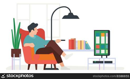 Man watching tv at home. Comfortable resting time isolated on white background. Man watching tv at home. Comfortable resting time