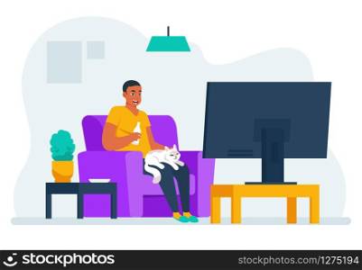 Man watching tv. Cartoon guy sitting on sofa at home and watching movie or documentary on streaming service. Vector illustration lifestyle man watch favorite television show and relax. Man watching tv. Cartoon guy sitting on sofa at home and watching movie or documentary on streaming service. Vector man watch favorite television show