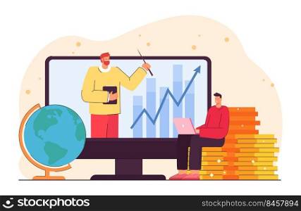 Man watching video about financial literacy during lockdown. Male person sitting on gold coins flat vector illustration. Teacher on laptop screen. Education, money, finance concept 