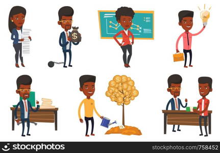 Man watering money tree. Man investing money in business project. Illustration of investment money in business. Investment concept. Set of vector flat design illustrations isolated on white background. Vector set of business characters.