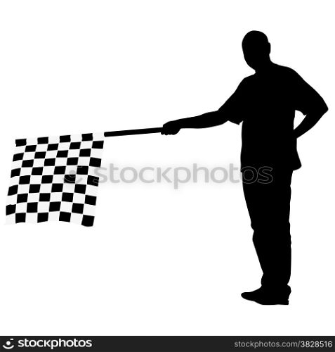 Man waving at the finish of the black white, checkered flag. Vector illustration.