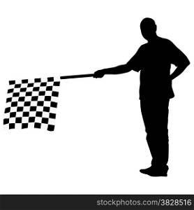 Man waving at the finish of the black white, checkered flag. Vector illustration.
