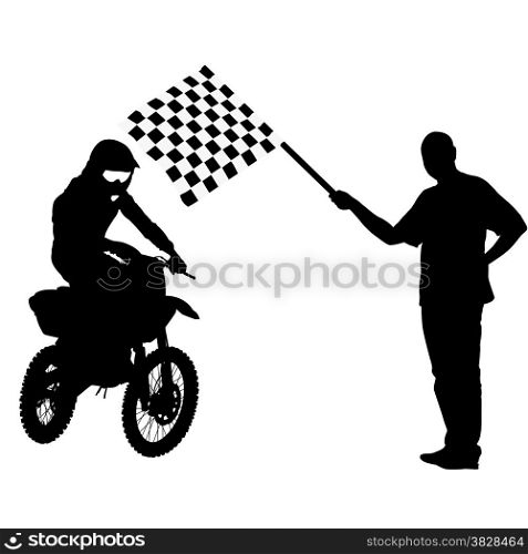 Man waving checkered flag before the finish motorcyclist. Vector illustration.