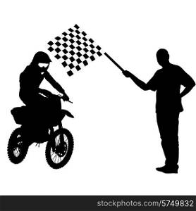 Man waving checkered flag before the finish motorcyclist. Vector illustration.