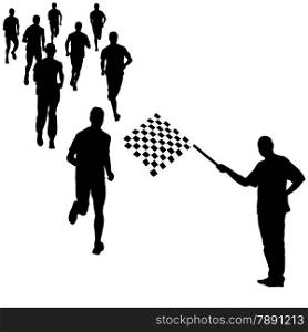 Man waving checkered flag before the finish runner. Vector illustration.