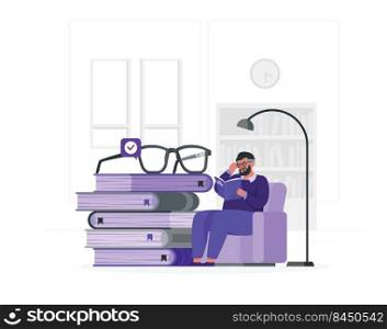 man wear glasses reading book flat design