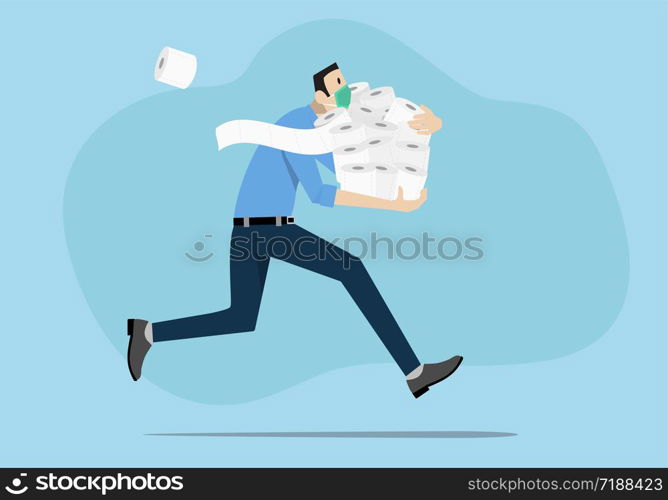 Man wearing a surgical protective medical mask in panic shopping in a supermaket grabs toilet paper in bulk due to coronavirus crisis. Covid-19 pandemic concept.