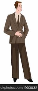 Man wearing classic retro costume and tie, male character in formal suit with trousers and jacket. Elegance of cool businessman, well dressed gentleman with confident look. Vector in flat style. Male character wearing classic vintage costume
