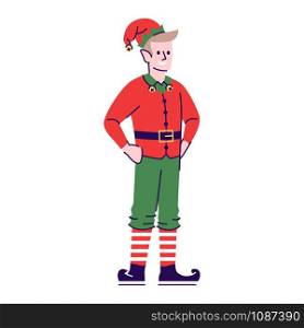 Man wearing elf costume flat vector illustration. Leprechaun cartoon character with outline elements isolated on white background. Festive X-mas oufit. Santa Claus hepler Christmas costume
