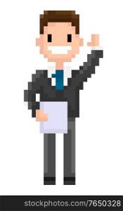 Man wearing formal clothes vector, pixel character isolated flat style man holding document and waving cheerfully, personage of 8 bit game, office worker. Cheerful Pixel Character Holding Document Paper