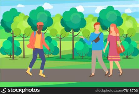 Man wearing helmet and roller-skates, couple meeting in park, green trees and sunny weather, people characters in casual clothes going on road vector. Couple Walking and Roller-skater in Park Vector