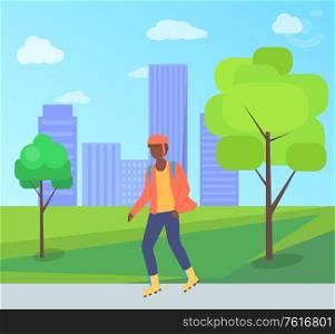 Man wearing helmet, person character going on rollerblades in city park with bench and trees. Boy rollerblading in casual clothes, urban activity vector. Man Wearing Helmet, Cartoon Person on Rollerblades
