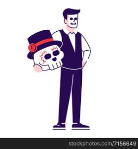 Man wearing Mexican day of dead costume flat vector illustrations set. Cartoon character with outline elements isolated on white background. Sugar scull face. Dia de los Muertos celebration