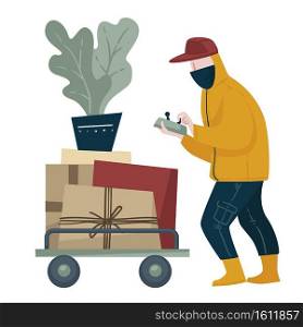 Man wearing protective mask working during coronavirus outbreak. Male character delivering orders to clients, moving objects to houses. Houseplant and boxes of customers, vector in flat style. Delivery man working on coronavirus quarantine, delivering orders