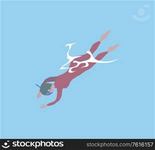 Man wearing red swimsuit diving, human in mask swimming underwater, full length and back view of person in sea, scuba activity or training in water vector. Scuba Activity or Man Swimming Underwater Vector